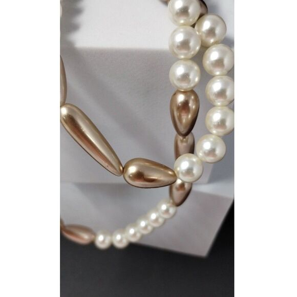 Hollywood Regency Faux Pearl Necklace Champagne Tear Drop Cylinder 38" Graduated - Picture 4 of 6